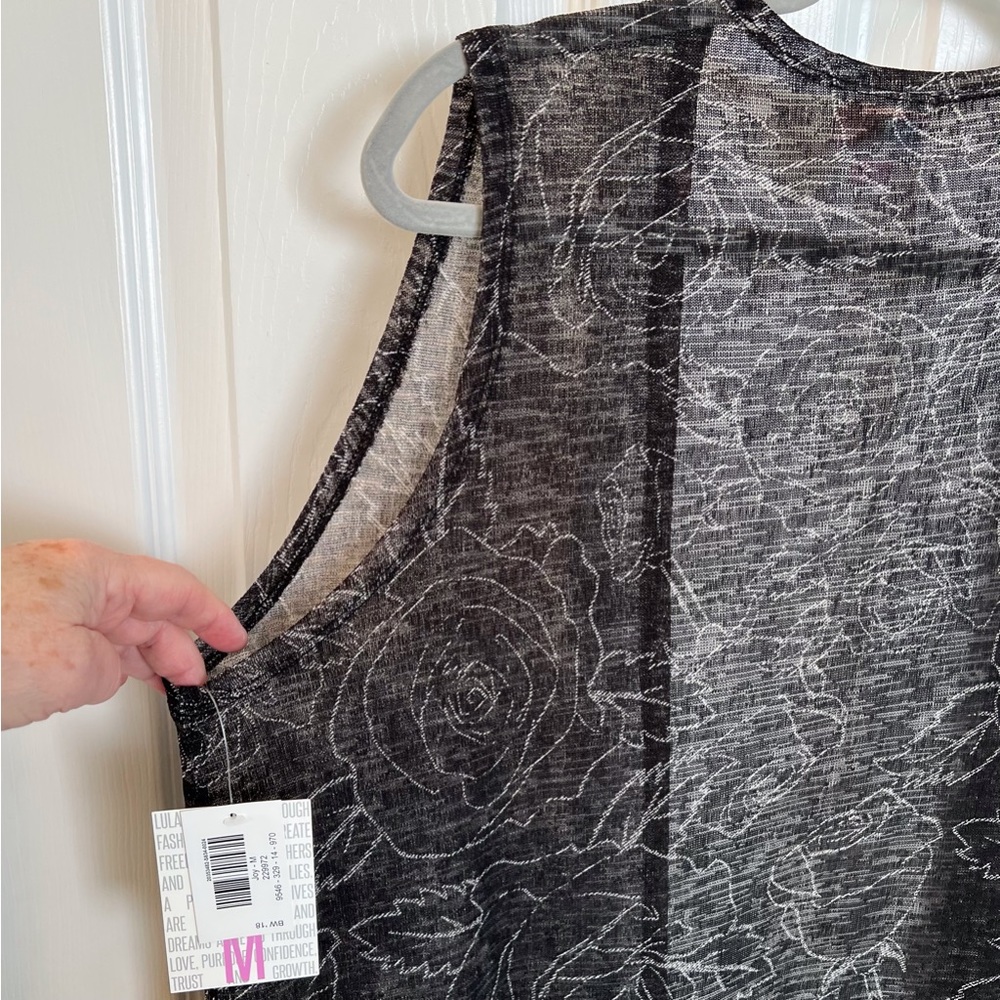 Sheer Black & White Roses Breezy Long Sleeveless Topper Sz M NWT